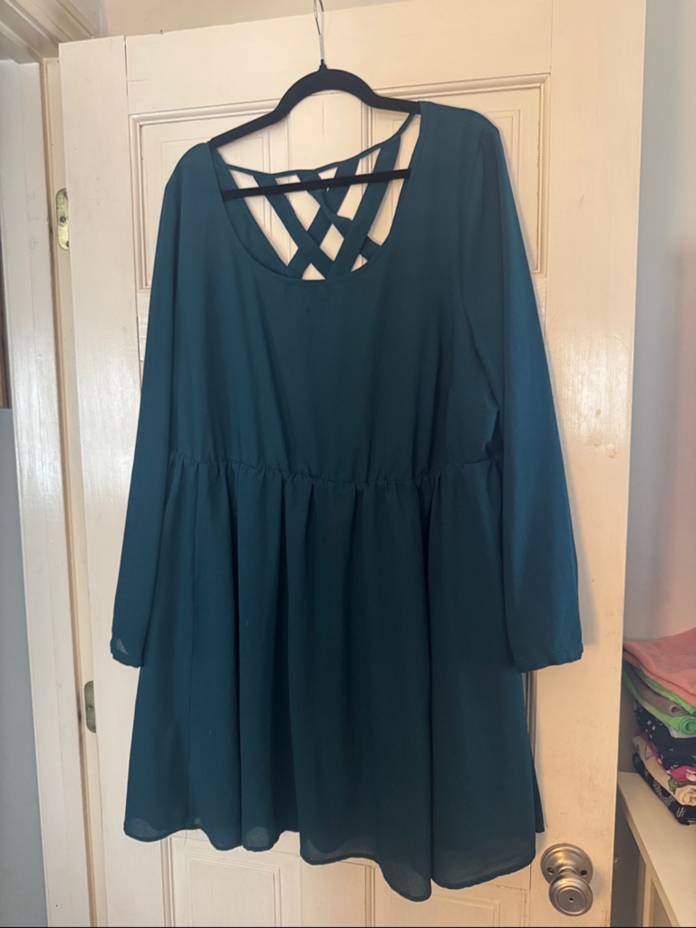 torrid Teal Long-Sleeve Crossback Fit-and-Flare Dress